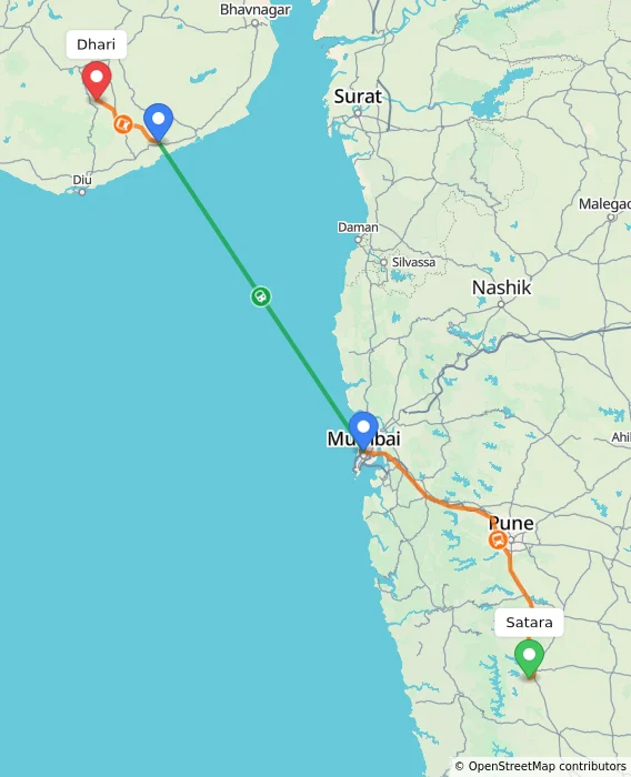 Route map showing distance and travel time from Satara, India to Dhari, India