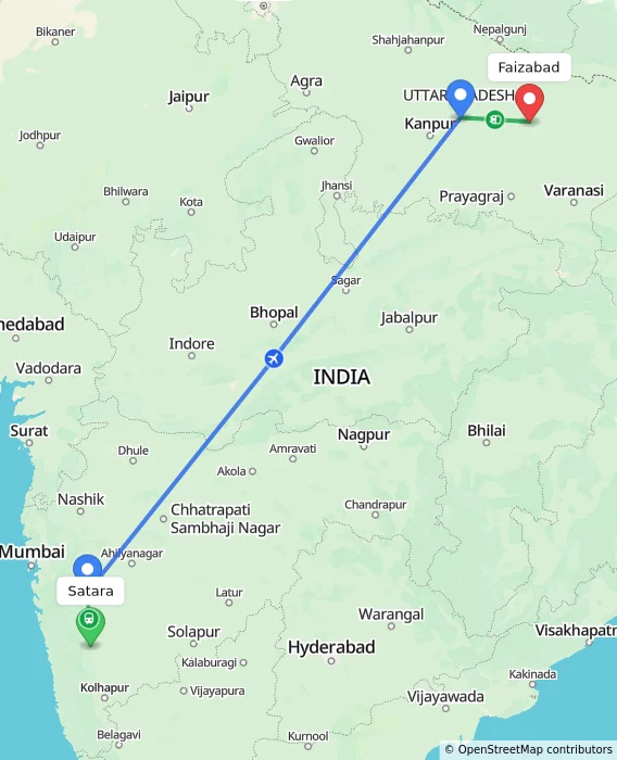 Route map showing distance and travel time from Satara, India to Faizabad, India