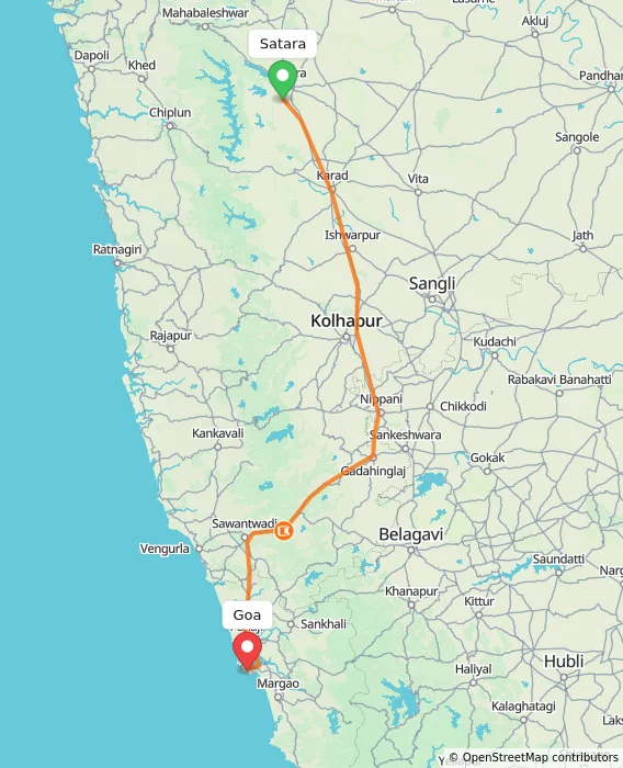 Route map showing distance and travel time from Satara, India to Goa, India