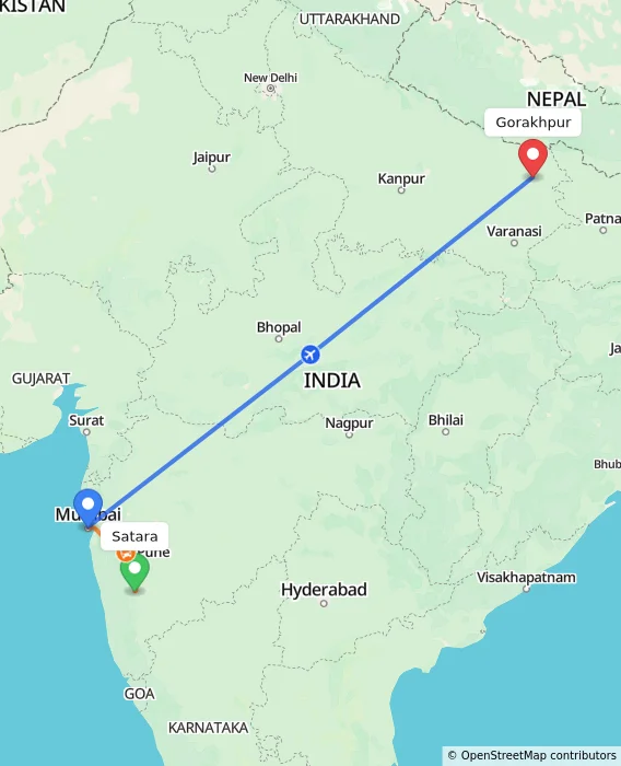 Route map showing distance and travel time from Satara, India to Gorakhpur, India