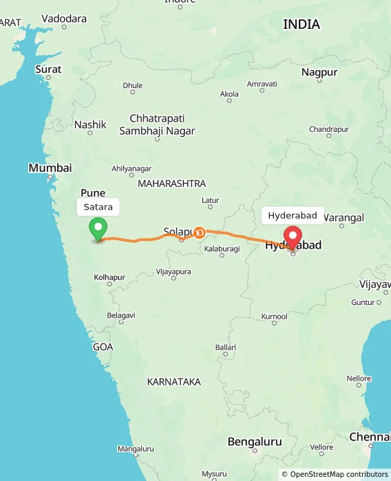 Route map showing distance and travel time from Satara, India to Hyderabad, India