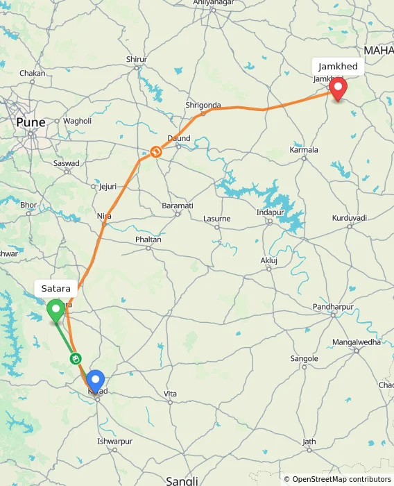 Route map showing distance and travel time from Satara, India to Jamkhed, India