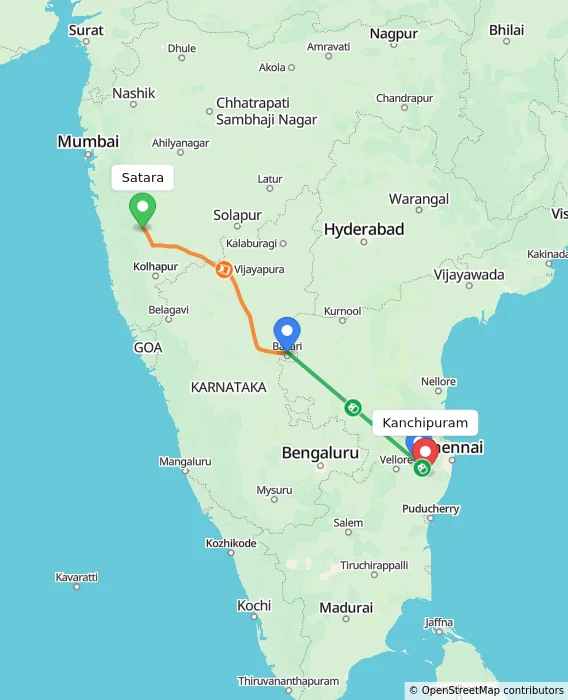 Route map showing distance and travel time from Satara, India to Kanchipuram, India