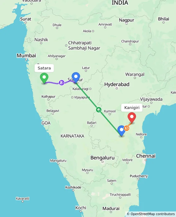 Route map showing distance and travel time from Satara, India to Kanigiri, India