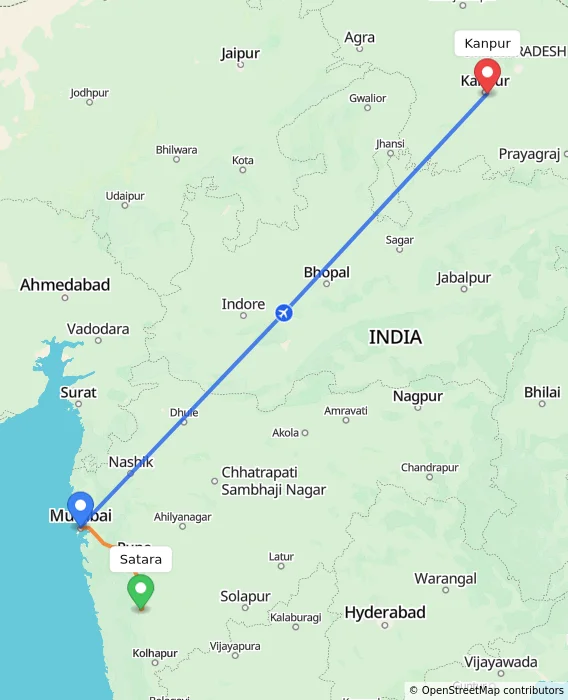 Route map showing distance and travel time from Satara, India to Kanpur, India