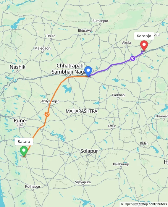 Route map showing distance and travel time from Satara, India to Karanja, India