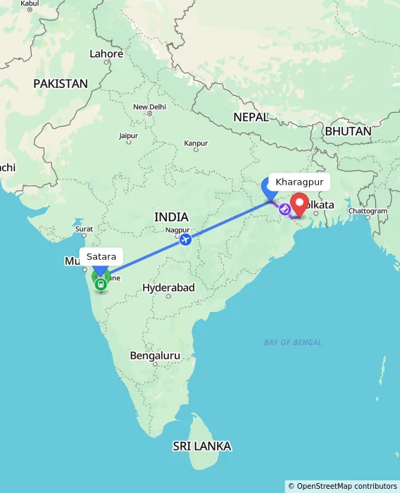 Route map showing distance and travel time from Satara, India to Kharagpur, India