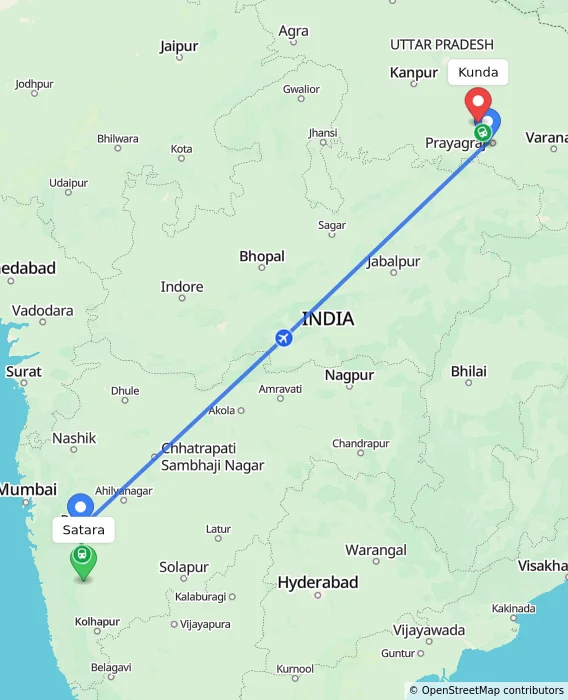 Route map showing distance and travel time from Satara, India to Kunda, India