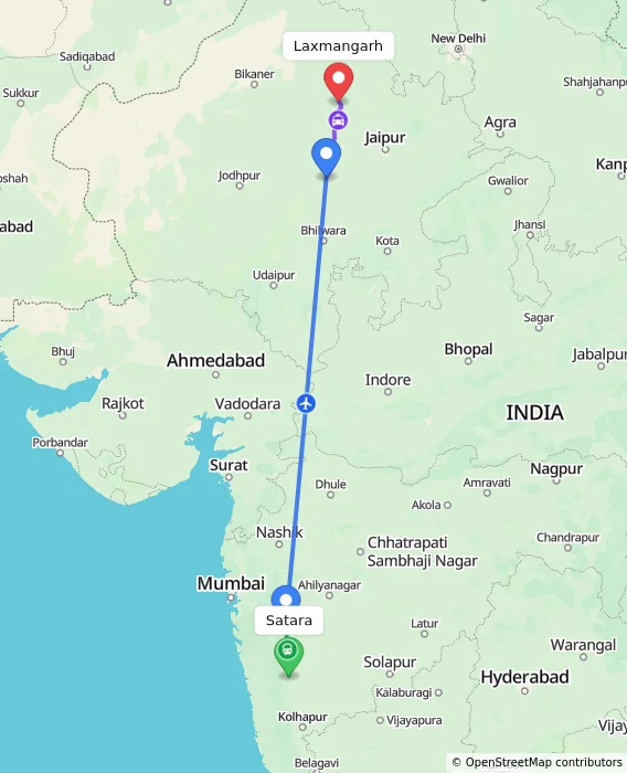 Route map showing distance and travel time from Satara, India to Laxmangarh, India