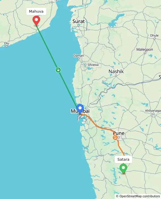Route map showing distance and travel time from Satara, India to Mahuva, India