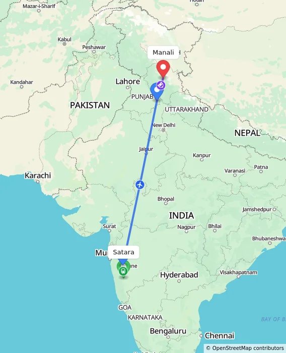 Route map showing distance and travel time from Satara, India to Manali, India