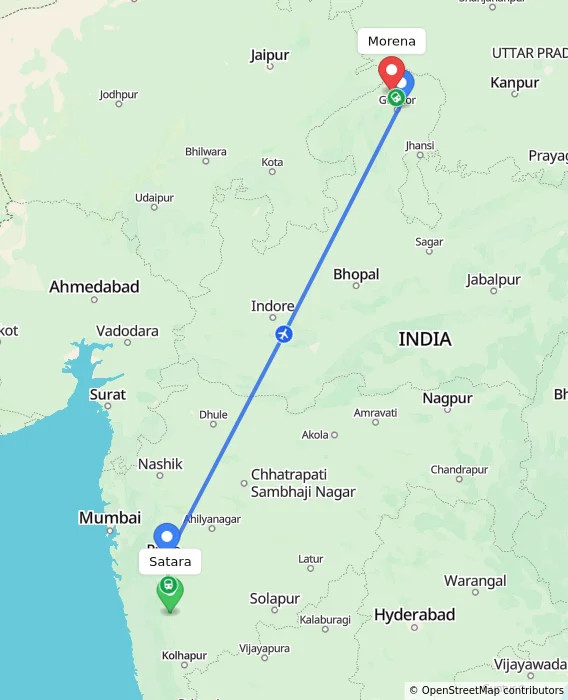 Route map showing distance and travel time from Satara, India to Morena, India