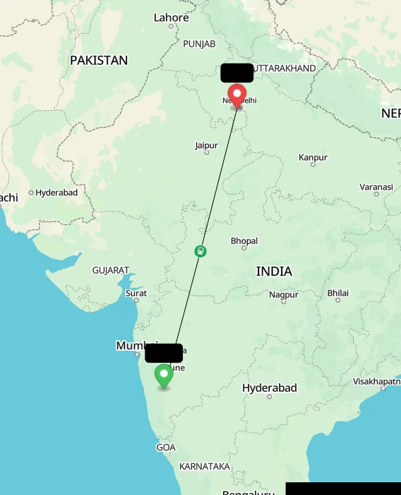 Route map showing distance and travel time from Satara, India to Delhi, India