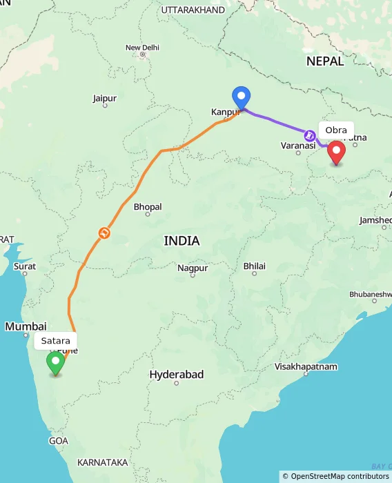 Route map showing distance and travel time from Satara, India to Obra, India