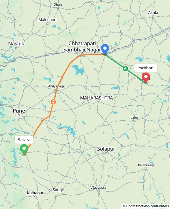 Route map showing distance and travel time from Satara, India to Parbhani, India