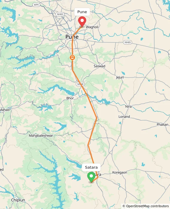 Route map showing distance and travel time from Satara, India to Pune, India