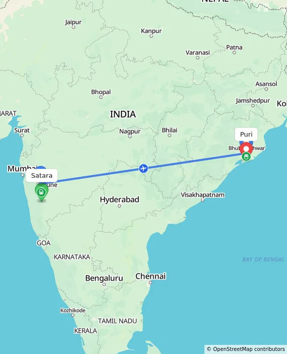 Route map showing distance and travel time from Satara, India to Puri, India