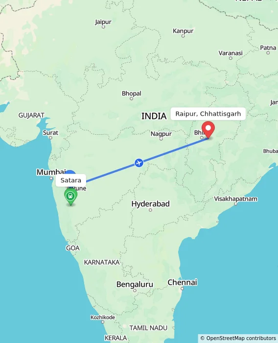 Route map showing distance and travel time from Satara, India to Raipur, Chhattisgarh, India