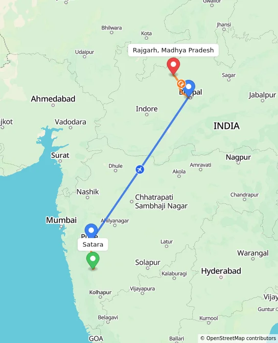 Route map showing distance and travel time from Satara, India to Rajgarh, Madhya Pradesh, India