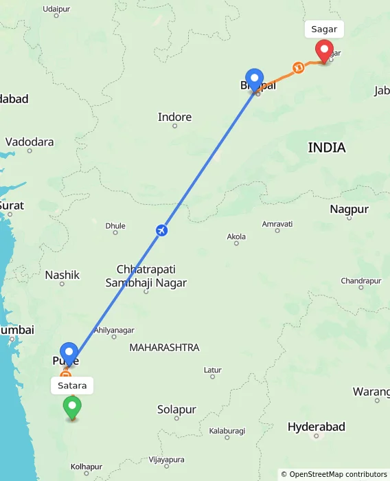 Route map showing distance and travel time from Satara, India to Sagar, India