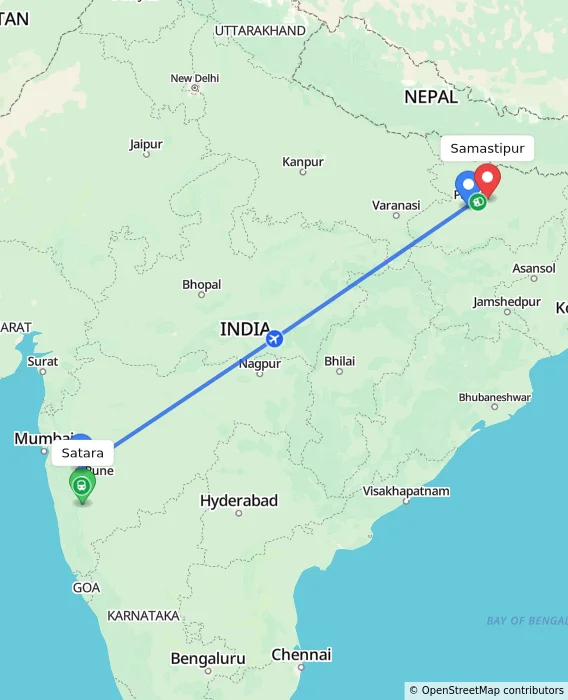 Route map showing distance and travel time from Satara, India to Samastipur, India