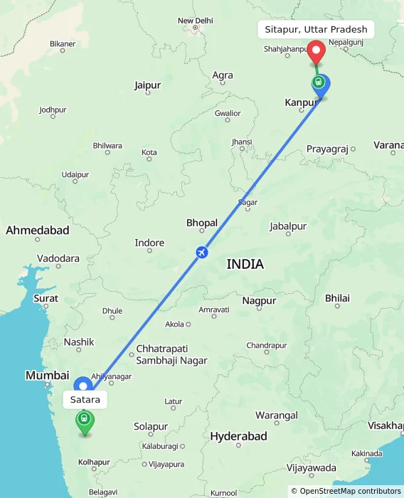 Route map showing distance and travel time from Satara, India to Sitapur, Uttar Pradesh, India