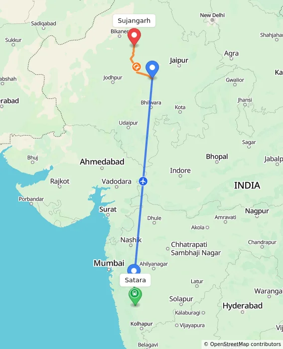 Route map showing distance and travel time from Satara, India to Sujangarh, India