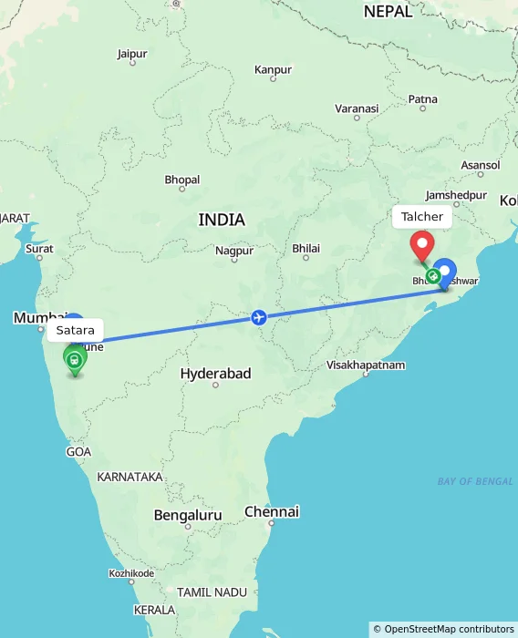 Route map showing distance and travel time from Satara, India to Talcher, India