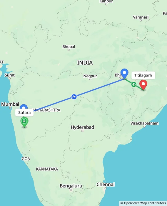 Route map showing distance and travel time from Satara, India to Titilagarh, India