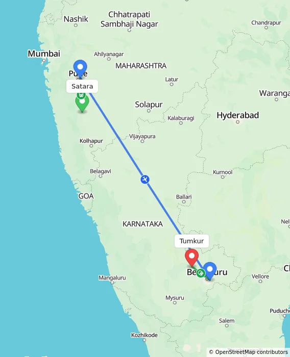 Route map showing distance and travel time from Satara, India to Tumkur, India