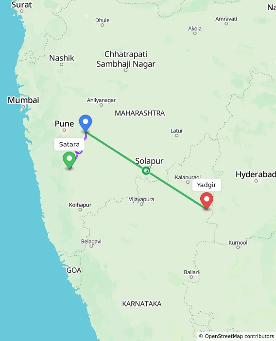Route map showing distance and travel time from Satara, India to Yadgir, India