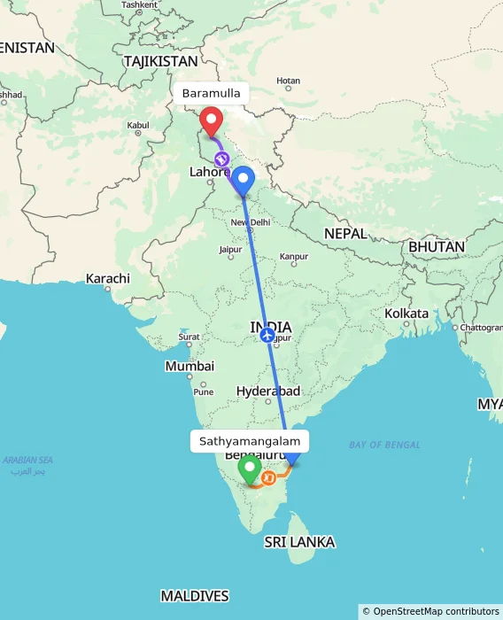 Route map showing distance and travel time from Sathyamangalam, India to Baramulla, India