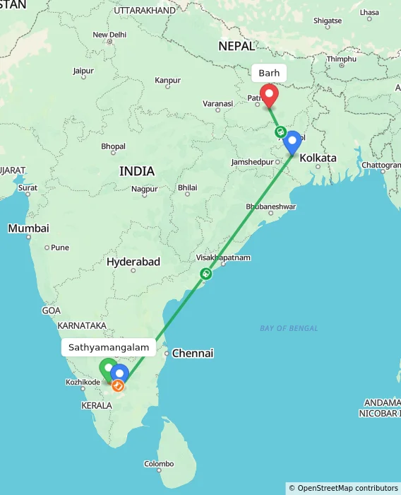 Route map showing distance and travel time from Sathyamangalam, India to Barh, India