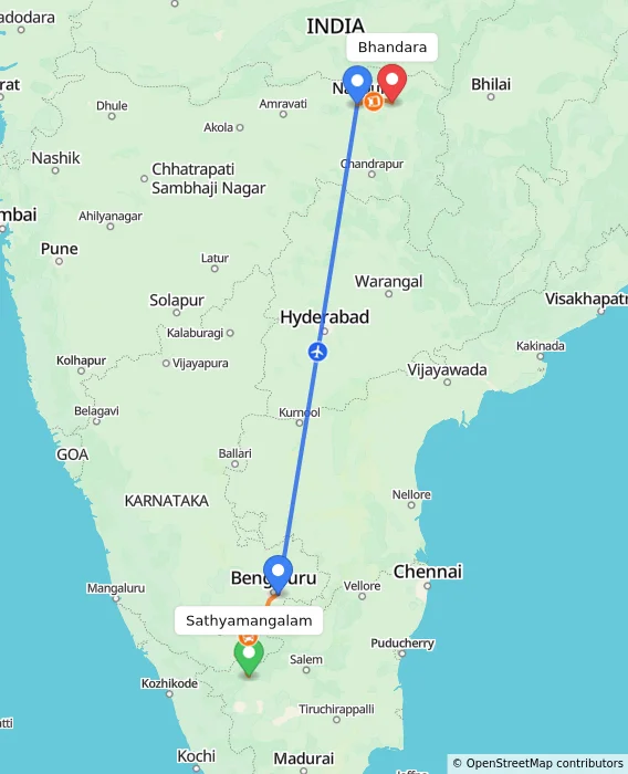 Route map showing distance and travel time from Sathyamangalam, India to Bhandara, India
