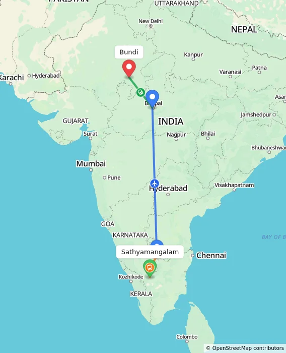 Route map showing distance and travel time from Sathyamangalam, India to Bundi, India