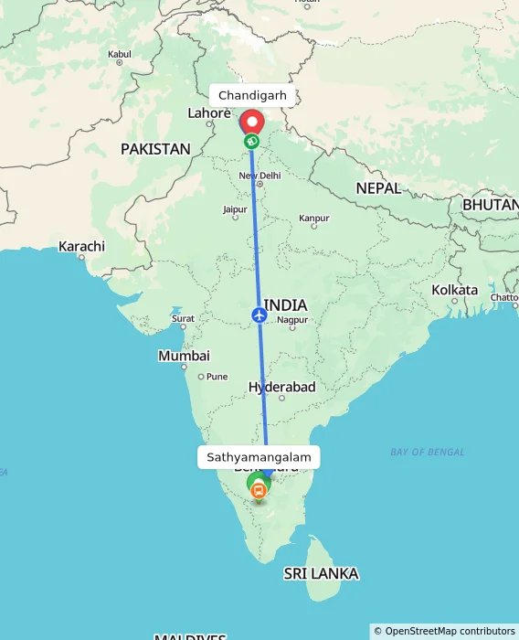 Route map showing distance and travel time from Sathyamangalam, India to Chandigarh, India