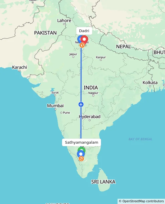 Route map showing distance and travel time from Sathyamangalam, India to Dadri, India