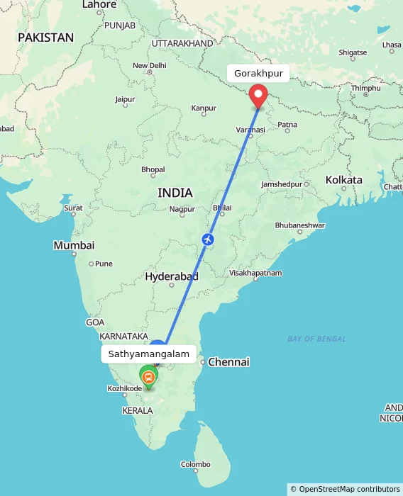 Route map showing distance and travel time from Sathyamangalam, India to Gorakhpur, India