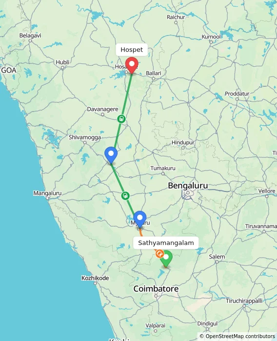 Route map showing distance and travel time from Sathyamangalam, India to Hospet, India