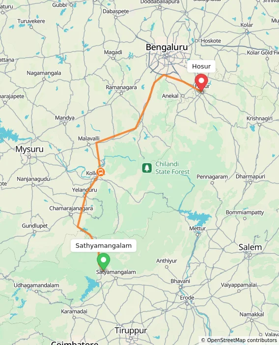 Route map showing distance and travel time from Sathyamangalam, India to Hosur, India