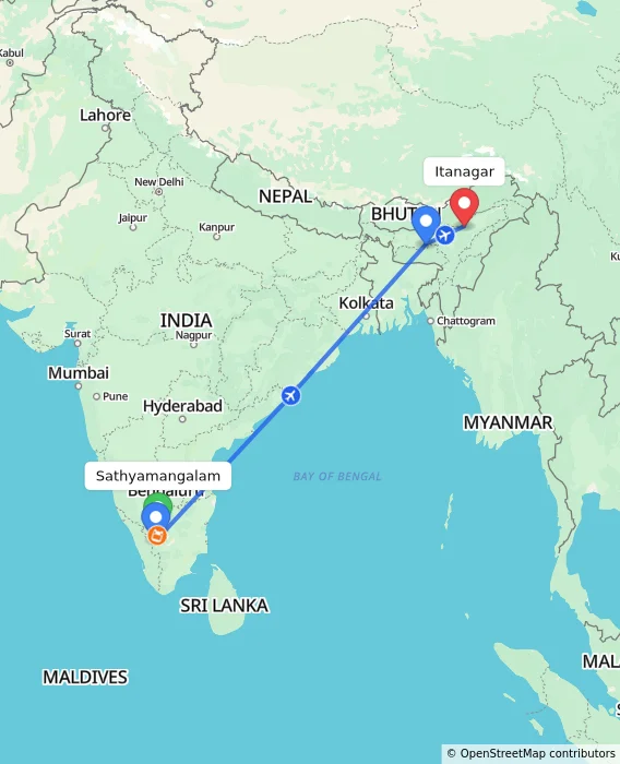 Route map showing distance and travel time from Sathyamangalam, India to Itanagar, India