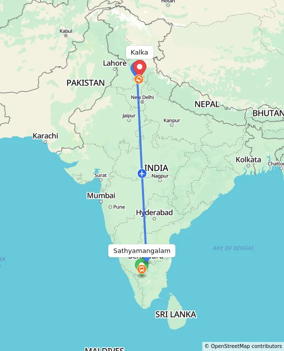 Route map showing distance and travel time from Sathyamangalam, India to Kalka, India