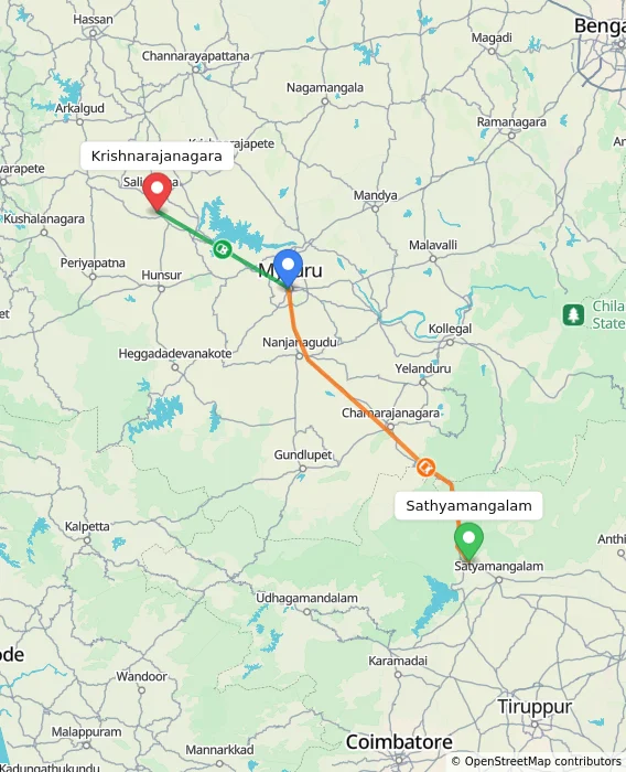 Route map showing distance and travel time from Sathyamangalam, India to Krishnarajanagara, India