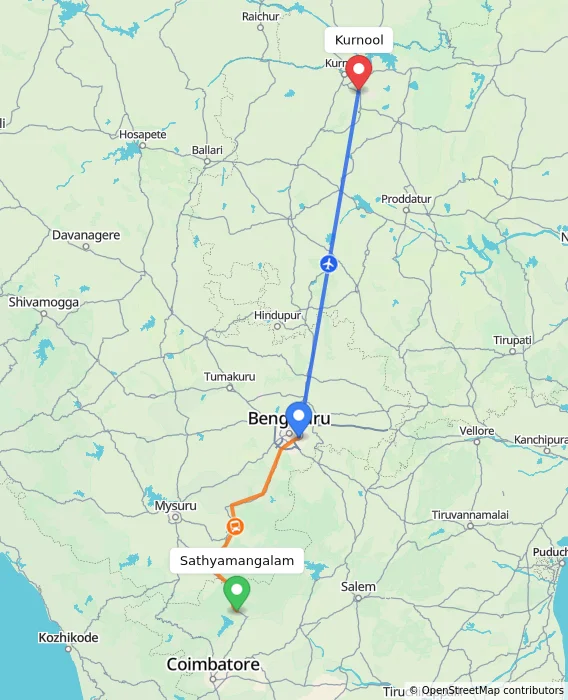 Route map showing distance and travel time from Sathyamangalam, India to Kurnool, India