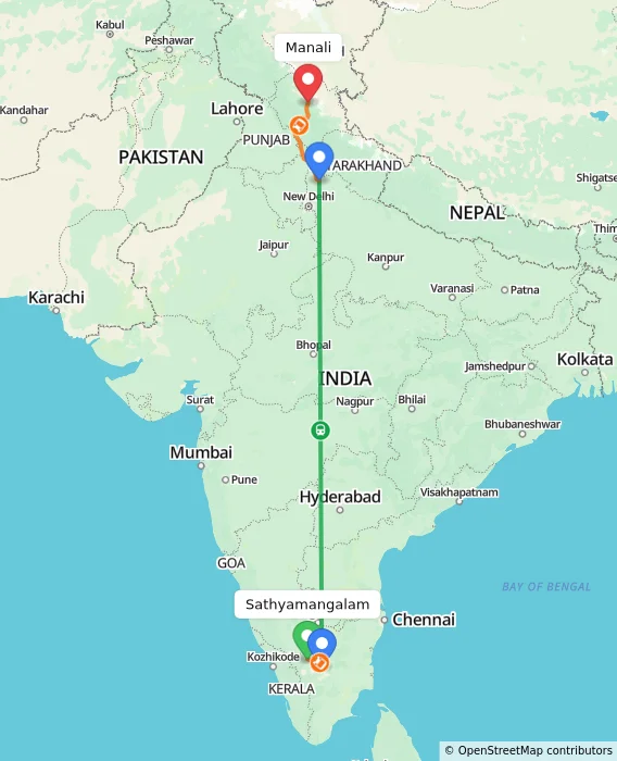 Route map showing distance and travel time from Sathyamangalam, India to Manali, India