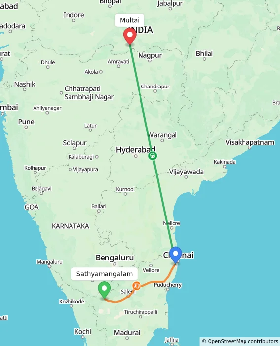 Route map showing distance and travel time from Sathyamangalam, India to Multai, India