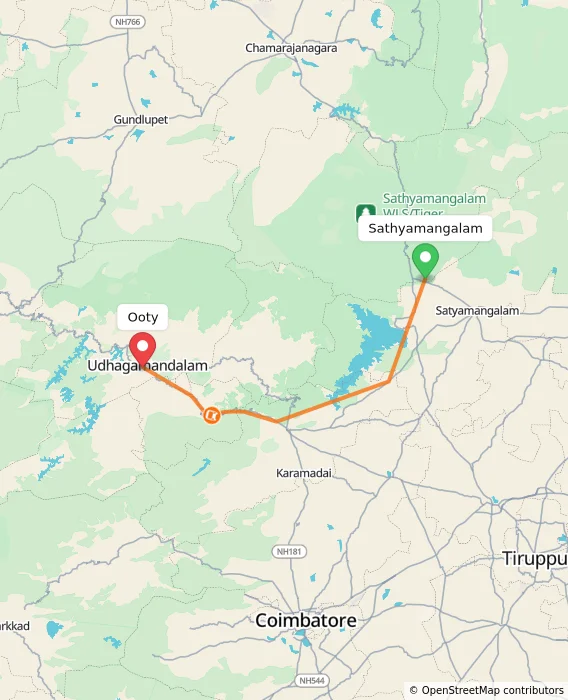 Route map showing distance and travel time from Sathyamangalam, India to Ooty, India