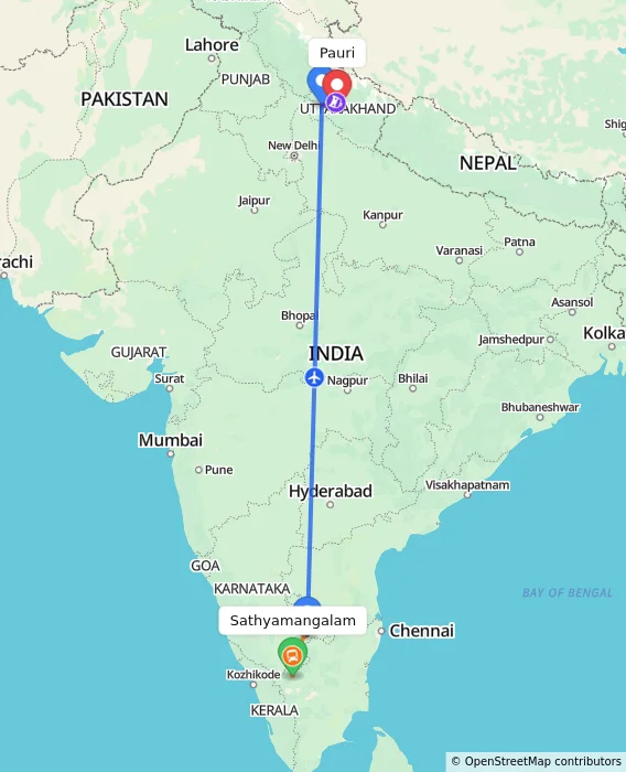 Route map showing distance and travel time from Sathyamangalam, India to Pauri, India
