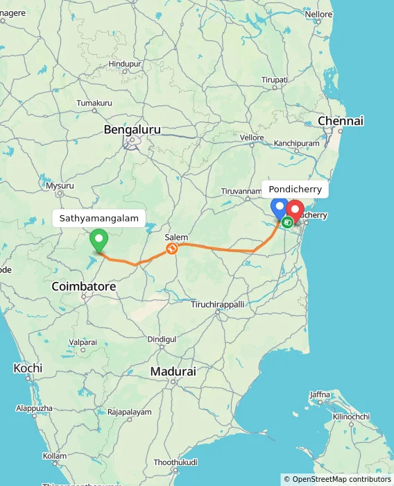 Route map showing distance and travel time from Sathyamangalam, India to Puducherry, India