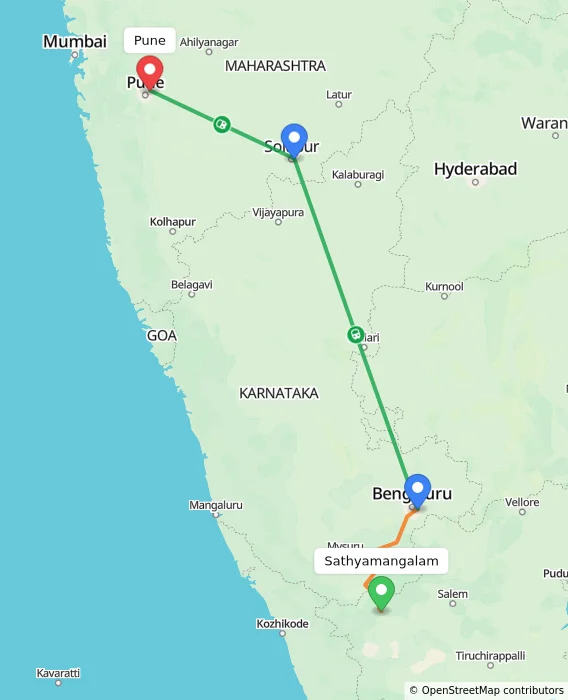 Route map showing distance and travel time from Sathyamangalam, India to Pune, India